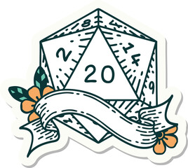 sticker of a natural twenty D20 dice roll