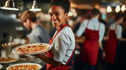 Afro-American young woman serving pizza in a restaurant, other waitresses in the background - obrazy, fototapety, plakaty