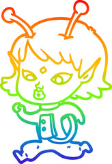 rainbow gradient line drawing of a pretty cartoon alien girl running