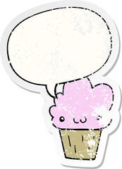 cartoon cupcake with face with speech bubble distressed distressed old sticker