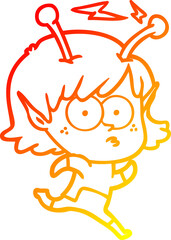 warm gradient line drawing of a cartoon alien girl