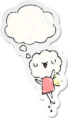 cute cartoon cloud head creature with thought bubble as a distressed worn sticker