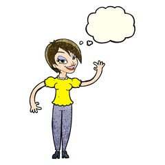 cartoon woman waving with thought bubble