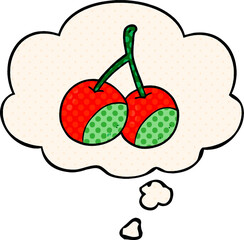  cartoon cherries with thought bubble in comic book style