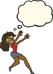 cartoon happy woman jumping with thought bubble
