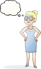 freehand drawn thought bubble cartoon woman wearing glasses