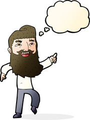 cartoon man with beard laughing and pointing with thought bubble