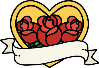 tattoo in traditional style of a heart and banner with flowers