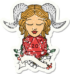 grunge sticker of a tiefling with natural twenty dice roll