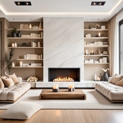 Cozy, luxurious, and empty modern living room with two beige textile sofas on the hairy carpet