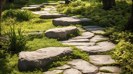 garden stone path with grass growing between the stones.