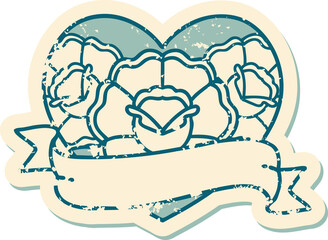 iconic distressed sticker tattoo style image of a heart and banner with flowers