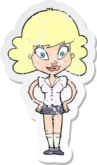 retro distressed sticker of a cartoon pretty woman
