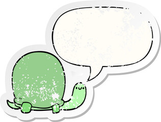 cute cartoon tortoise with speech bubble distressed distressed old sticker