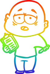 rainbow gradient line drawing of a cartoon tired bald man