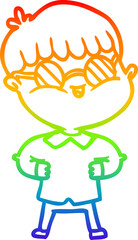 rainbow gradient line drawing of a cartoon boy wearing spectacles