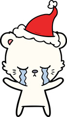 crying hand drawn line drawing of a polarbear wearing santa hat