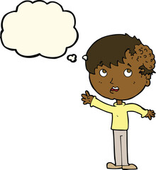 cartoon boy with growth on head with thought bubble