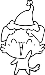 happy little dog hand drawn line drawing of a wearing santa hat