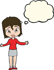 cartoon woman shrugging shoulders with thought bubble