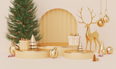 Christmas backgrounds with podium stage platform in minimal New year event theme. Merry Christmas scene for product display mock up banner. Empty stand pedestal decor in Xmas winter scene. 3D render.