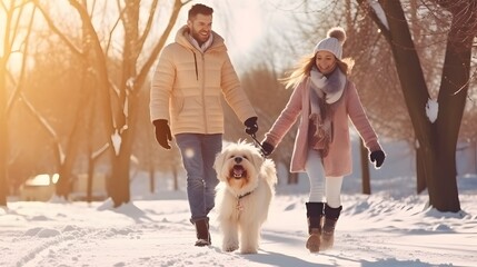Happy family with fluffy dog walking in winter landscape.