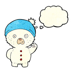 cartoon waving polar teddy bear in winter hat with thought bubble