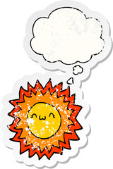 cartoon sun with thought bubble as a distressed worn sticker