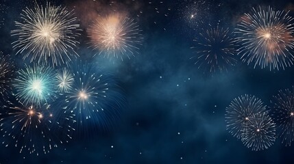 Sparkling fireworks explode in a myriad of colors against a dark blue sky, perfect for festive and New Year themes