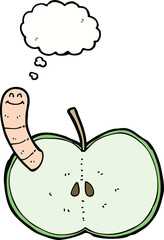 cartoon apple with worm with thought bubble