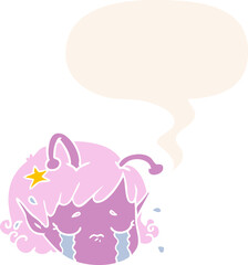 cartoon alien space girl face crying with speech bubble in retro style