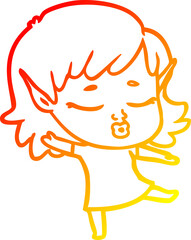 warm gradient line drawing of a pretty cartoon elf girl