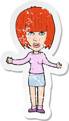 retro distressed sticker of a cartoon woman shrugging shoulders