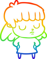 rainbow gradient line drawing of a cartoon indifferent woman