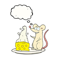 freehand drawn thought bubble cartoon mouse with cheese