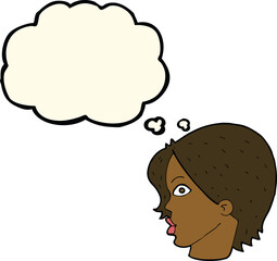 cartoon staring woman with thought bubble