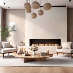  Cozy, luxurious and empty modern living room with two beige textile sofas on the hairy carpet