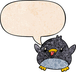 cute cartoon penguin with speech bubble in retro texture style