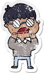 distressed sticker of a cartoon shocked boy wearing spectacles