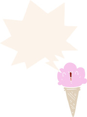 cartoon ice cream with face with speech bubble in retro style
