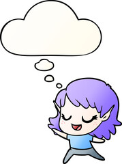 carton happy elf girl dancing with thought bubble in smooth gradient style