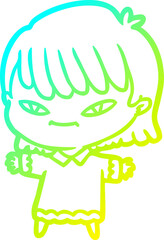 cold gradient line drawing of a cartoon woman