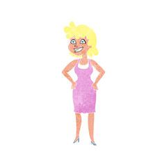 freehand retro cartoon happy woman wearing dress