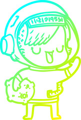 cold gradient line drawing of a cartoon astronaut woman