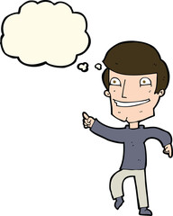 cartoon happy man pointing with thought bubble
