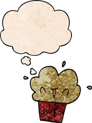 cartoon cupcake with thought bubble in grunge texture style