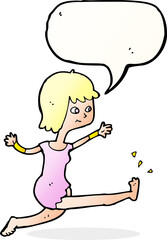 cartoon happy woman kicking with speech bubble
