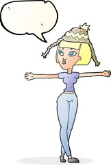 freehand drawn speech bubble cartoon woman wearing hat