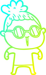 cold gradient line drawing of a cartoon woman wearing spectacles