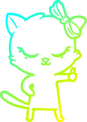 cold gradient line drawing of a cute cartoon cat with bow